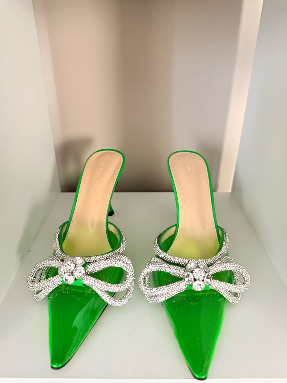 MACH & MACH Emerald Green Pointed Toe Crystal-Bow Mules